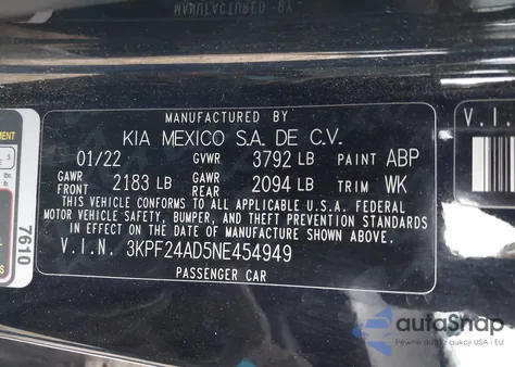 2022 Kia Forte Lxs from USA, damaged, VIN 3KPF24AD5NE454949